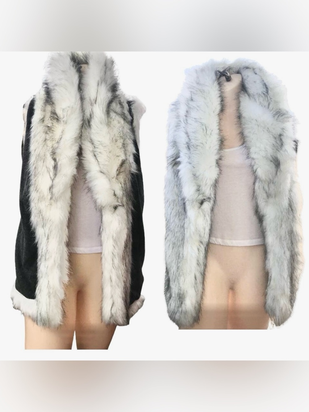 Reversible Faux Fur Vest Gray White Plush Winter Glam XS